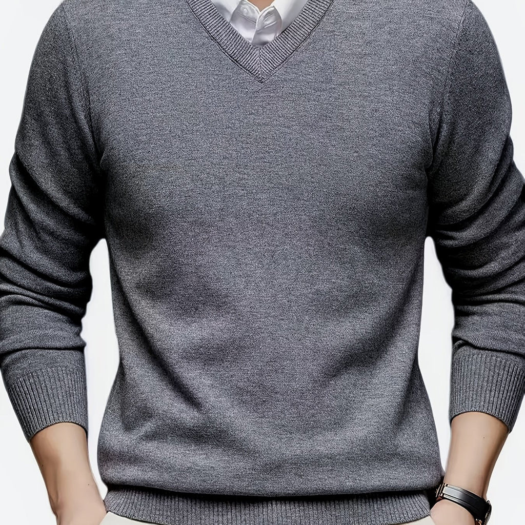 V-Neck Jumper Knitted Long Sleeve Men's Pullover Burgundy – Office, Casual, Smart Layering, Gift