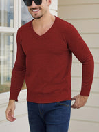 V-Neck Jumper Knitted Long Sleeve Men's Pullover Burgundy – Office, Casual, Smart Layering, Gift