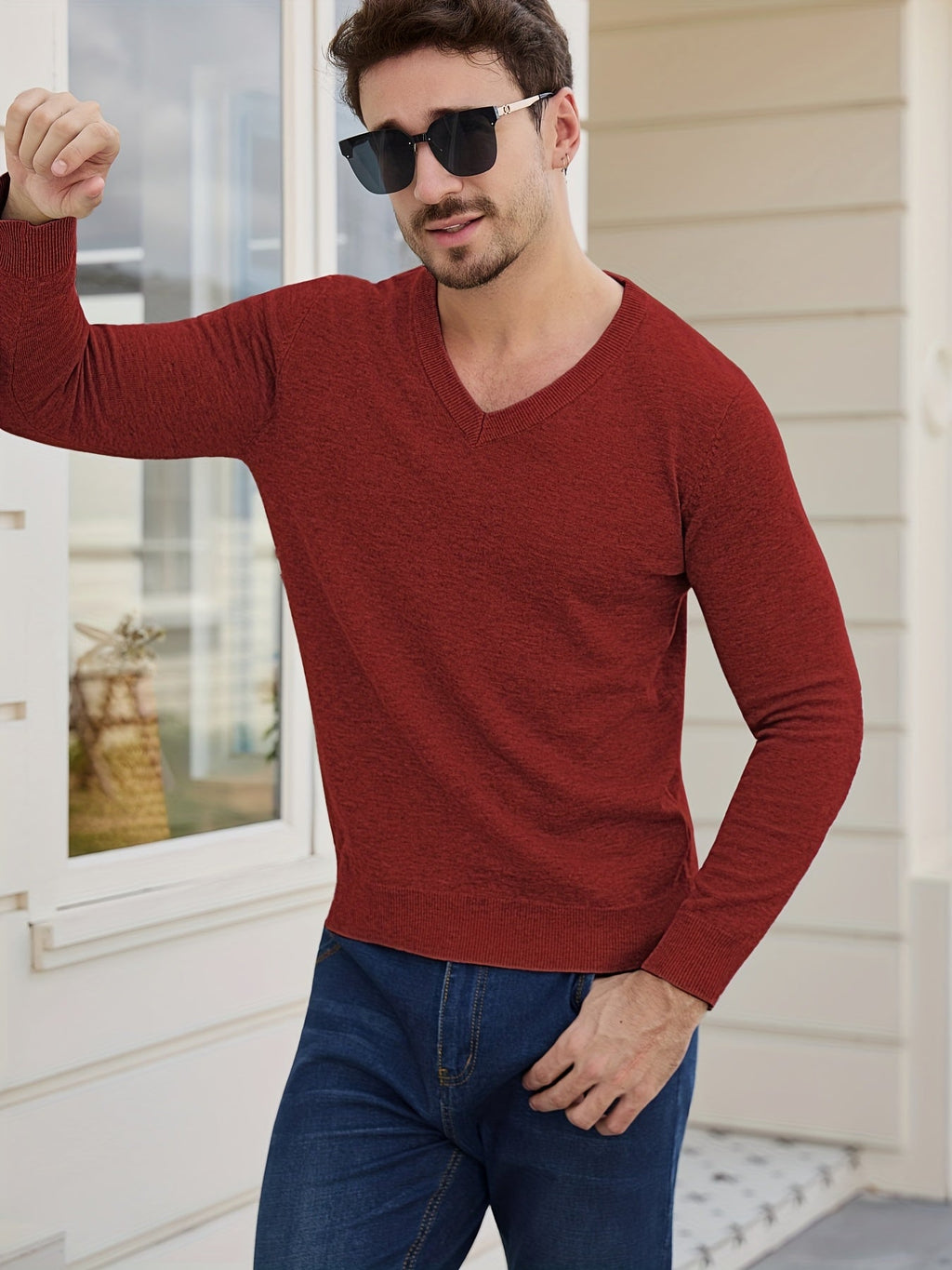 V-Neck Jumper Knitted Long Sleeve Men's Pullover Burgundy – Office, Casual, Smart Layering, Gift