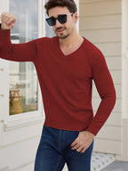 V-Neck Jumper Knitted Long Sleeve Men's Pullover Burgundy – Office, Casual, Smart Layering, Gift