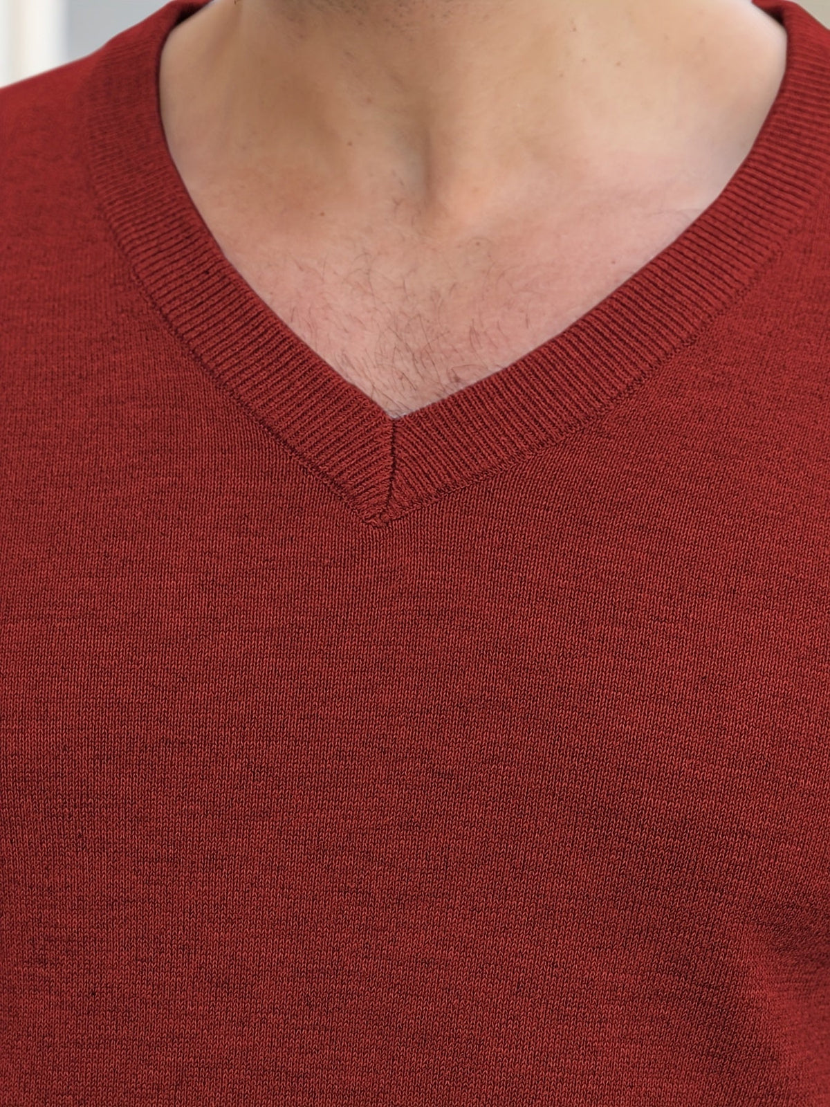 V-Neck Jumper Knitted Long Sleeve Men's Pullover Burgundy – Office, Casual, Smart Layering, Gift
