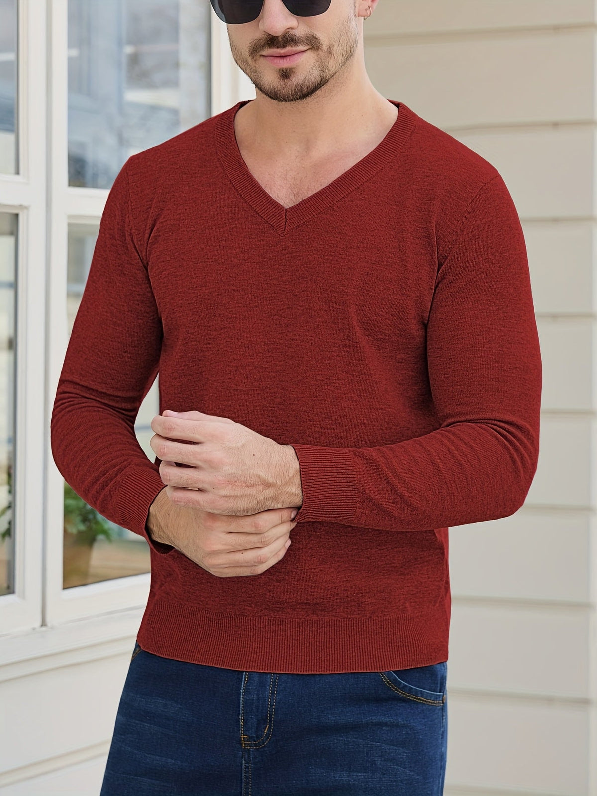 V-Neck Jumper Knitted Long Sleeve Men's Pullover Burgundy – Office, Casual, Smart Layering, Gift