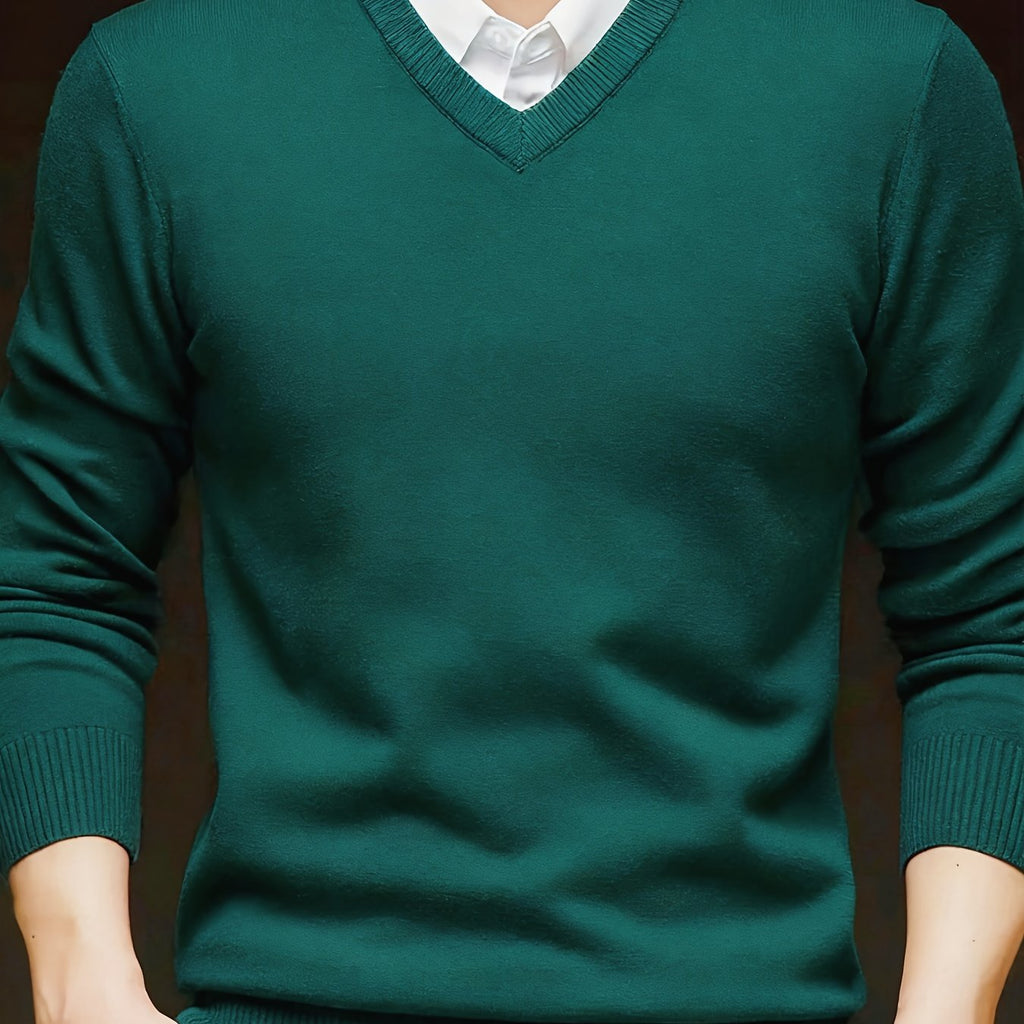V-Neck Jumper Knitted Long Sleeve Men's Pullover Burgundy – Office, Casual, Smart Layering, Gift
