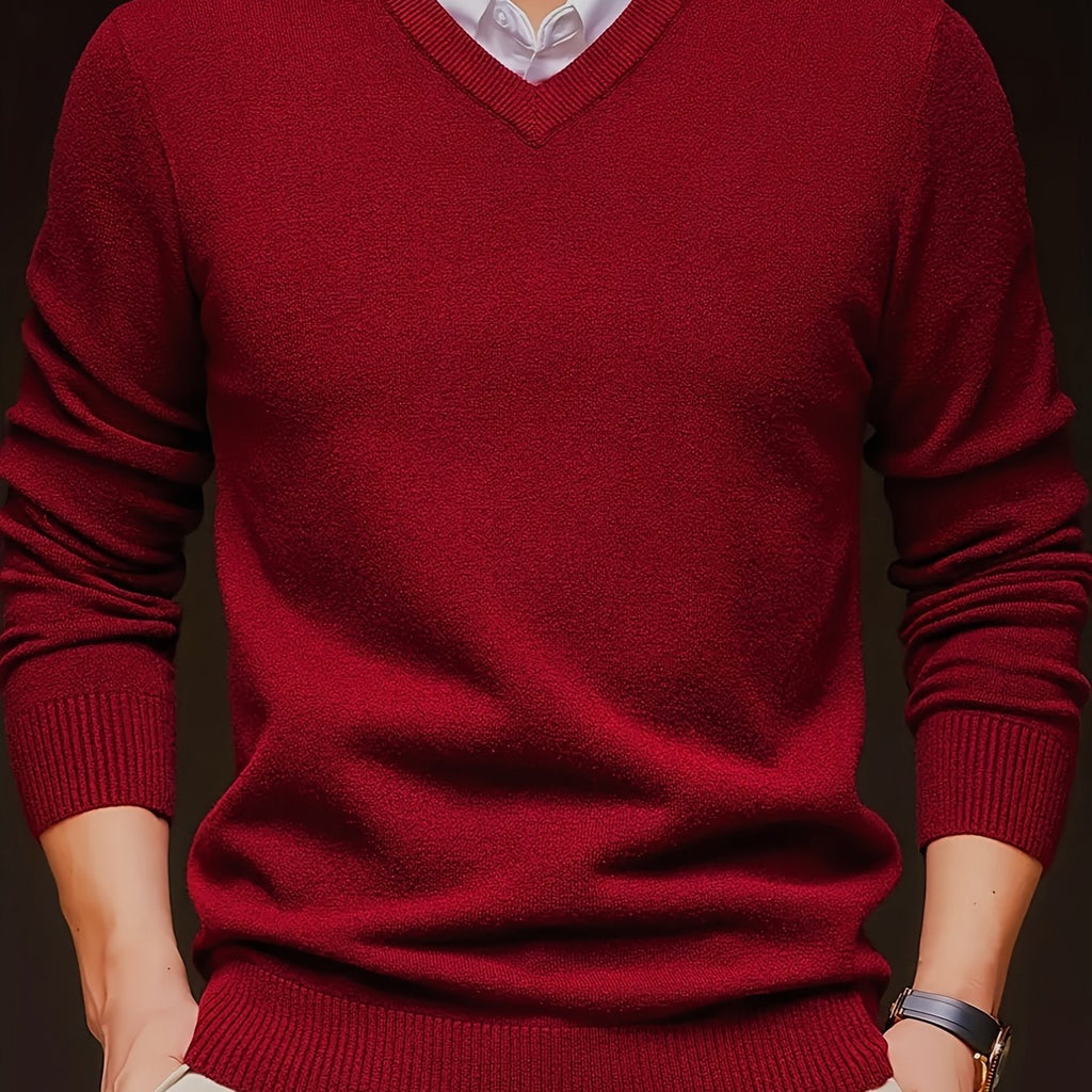 V-Neck Jumper Knitted Long Sleeve Men's Pullover Burgundy – Office, Casual, Smart Layering, Gift