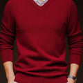 V-Neck Jumper Knitted Long Sleeve Men's Pullover Burgundy – Office, Casual, Smart Layering, Gift