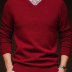 V-Neck Jumper Knitted Long Sleeve Men's Pullover Burgundy – Office, Casual, Smart Layering, Gift