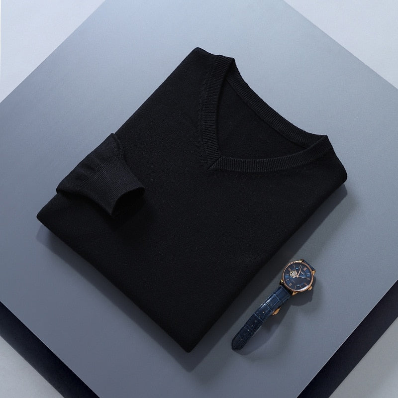 V-Neck Jumper Knitted Navy Men's Long Sleeve Pullover – Casual, Office, Smart Layering, Gift