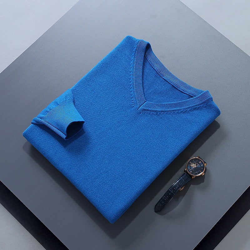 V-Neck Jumper Knitted Navy Men's Long Sleeve Pullover – Casual, Office, Smart Layering, Gift