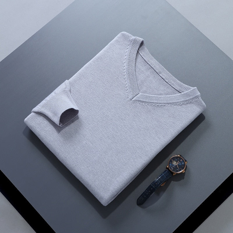 V-Neck Jumper Knitted Navy Men's Long Sleeve Pullover – Casual, Office, Smart Layering, Gift
