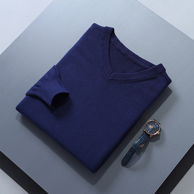 V-Neck Jumper Knitted Navy Men's Long Sleeve Pullover – Casual, Office, Smart Layering, Gift