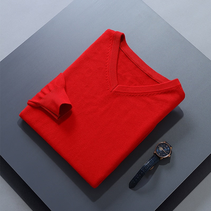 V-Neck Jumper Knitted Navy Men's Long Sleeve Pullover – Casual, Office, Smart Layering, Gift