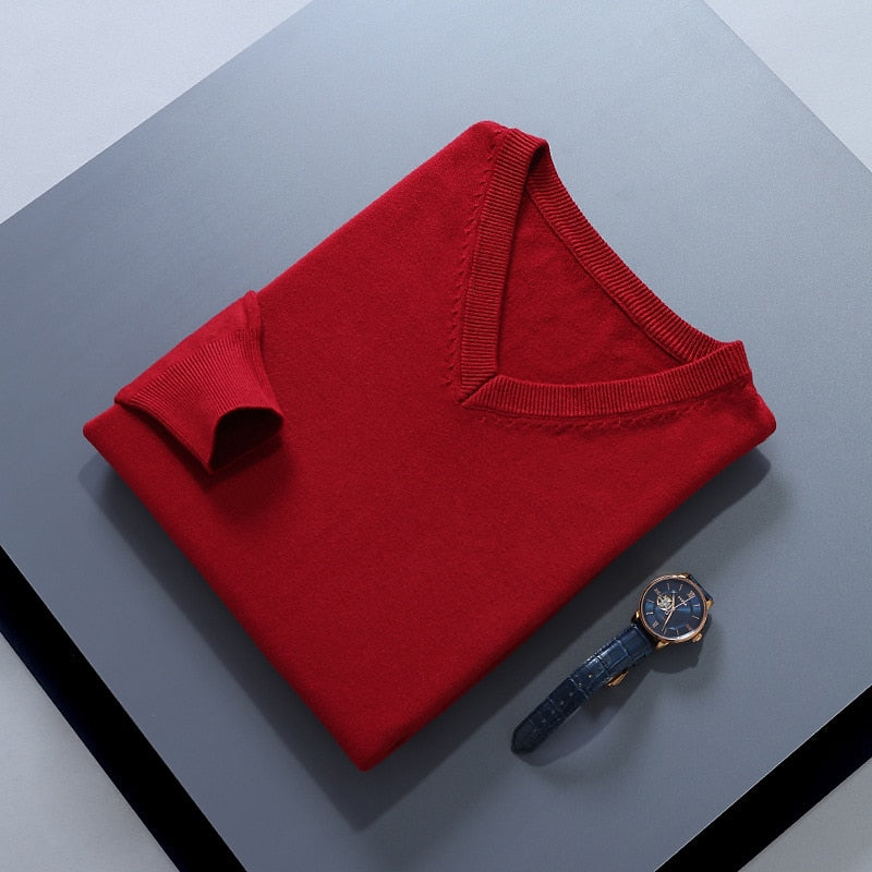 V-Neck Jumper Knitted Navy Men's Long Sleeve Pullover – Casual, Office, Smart Layering, Gift