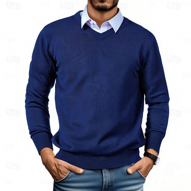 V-Neck Jumper Knitted Navy Men's Long Sleeve Pullover – Casual, Office, Smart Layering, Gift