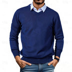 V-Neck Jumper Knitted Navy Men's Long Sleeve Pullover – Casual, Office, Smart Layering, Gift