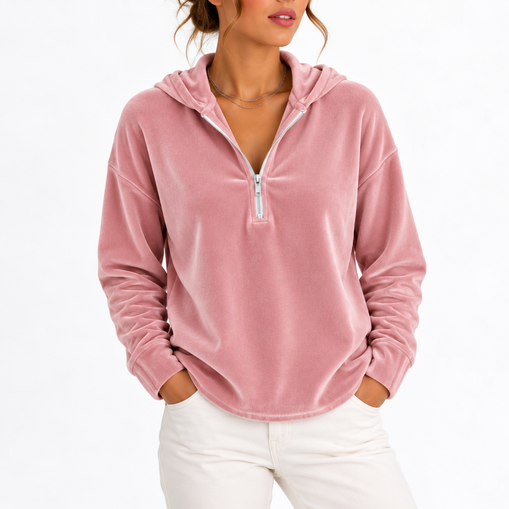 Velvet Hoodie Quarter-Zip Navy Women's Long Sleeve Pullover – Casual, Loungewear, Gift