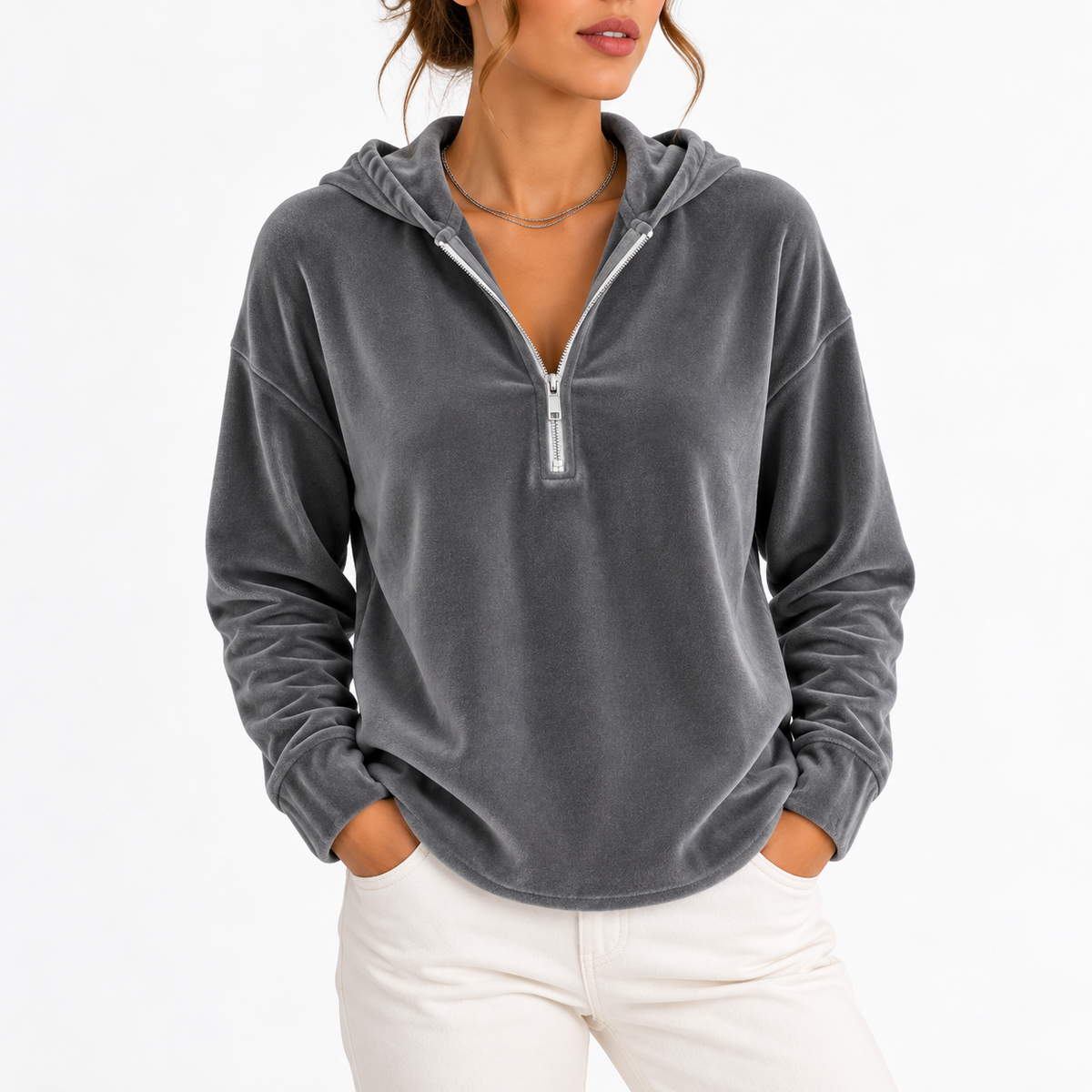 Velvet Hoodie Quarter-Zip Navy Women's Long Sleeve Pullover – Casual, Loungewear, Gift