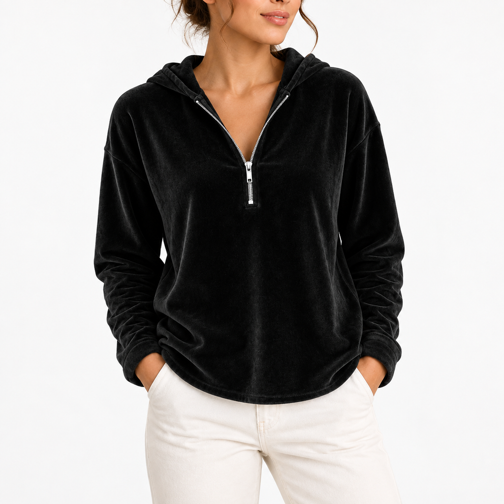 Velvet Hoodie Quarter-Zip Navy Women's Long Sleeve Pullover – Casual, Loungewear, Gift