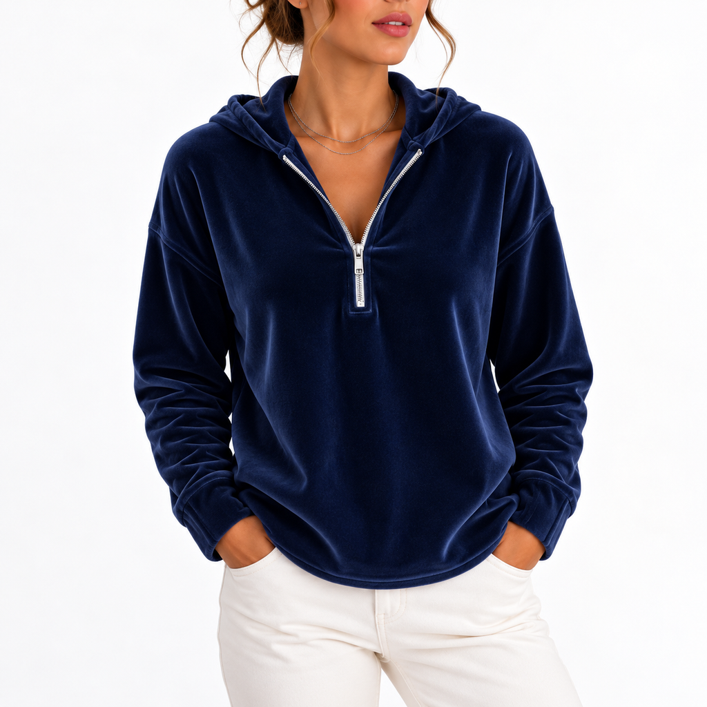 Velvet Hoodie Quarter-Zip Navy Women's Long Sleeve Pullover – Casual, Loungewear, Gift