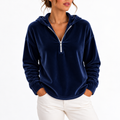Velvet Hoodie Quarter-Zip Navy Women's Long Sleeve Pullover – Casual, Loungewear, Gift