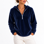Velvet Hoodie Quarter-Zip Navy Women's Long Sleeve Pullover – Casual, Loungewear, Gift