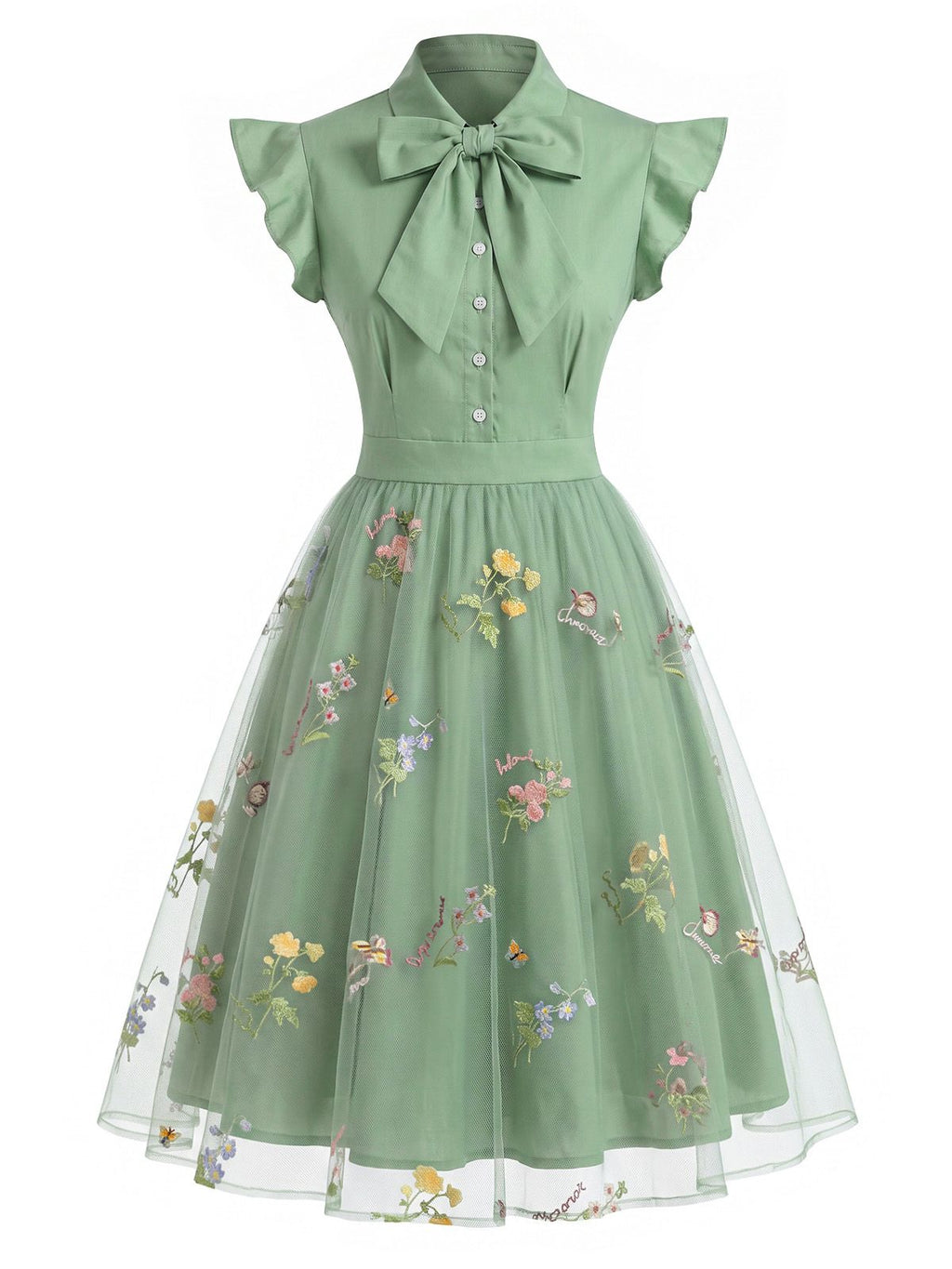 Vintage Swing Dress Black Butterfly Lace Bow Neck Women's Tulle A-Line – Party, Wedding, Cocktail