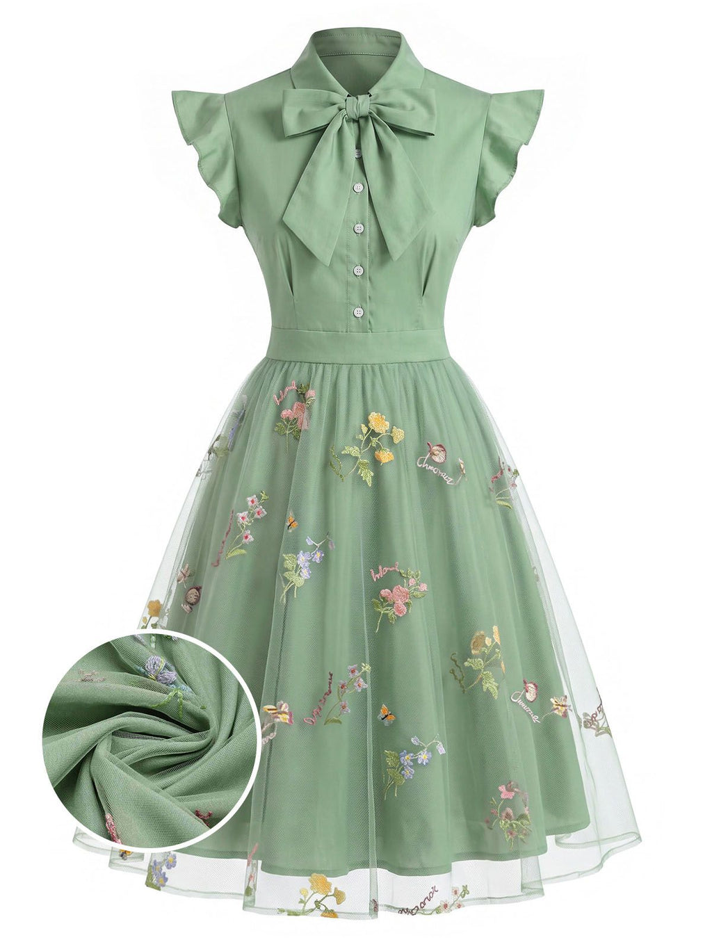 Vintage Swing Dress Black Butterfly Lace Bow Neck Women's Tulle A-Line – Party, Wedding, Cocktail