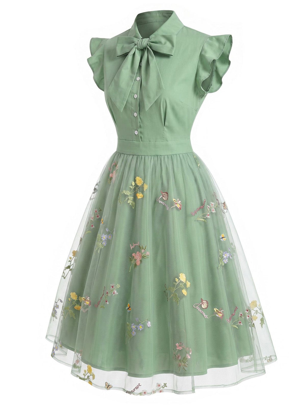 Vintage Swing Dress Black Butterfly Lace Bow Neck Women's Tulle A-Line – Party, Wedding, Cocktail