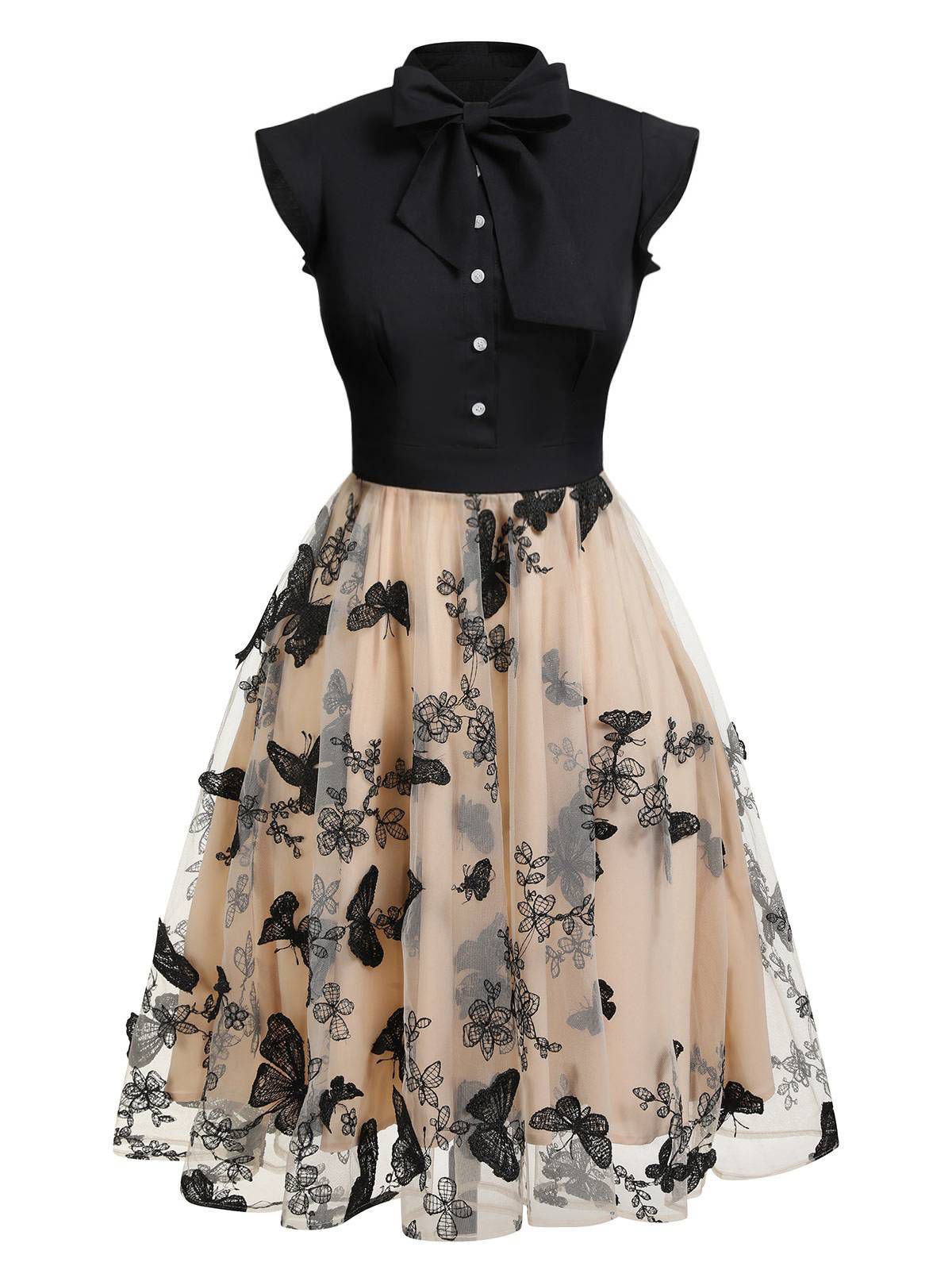 Vintage Swing Dress Black Butterfly Lace Bow Neck Women's Tulle A-Line – Party, Wedding, Cocktail