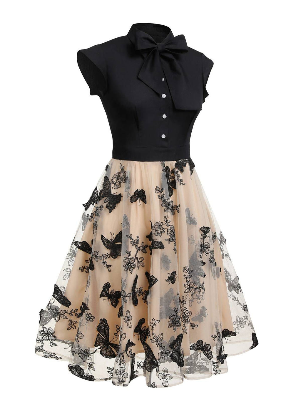 Vintage Swing Dress Black Butterfly Lace Bow Neck Women's Tulle A-Line – Party, Wedding, Cocktail