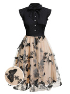 Vintage Swing Dress Black Butterfly Lace Bow Neck Women's Tulle A-Line – Party, Wedding, Cocktail