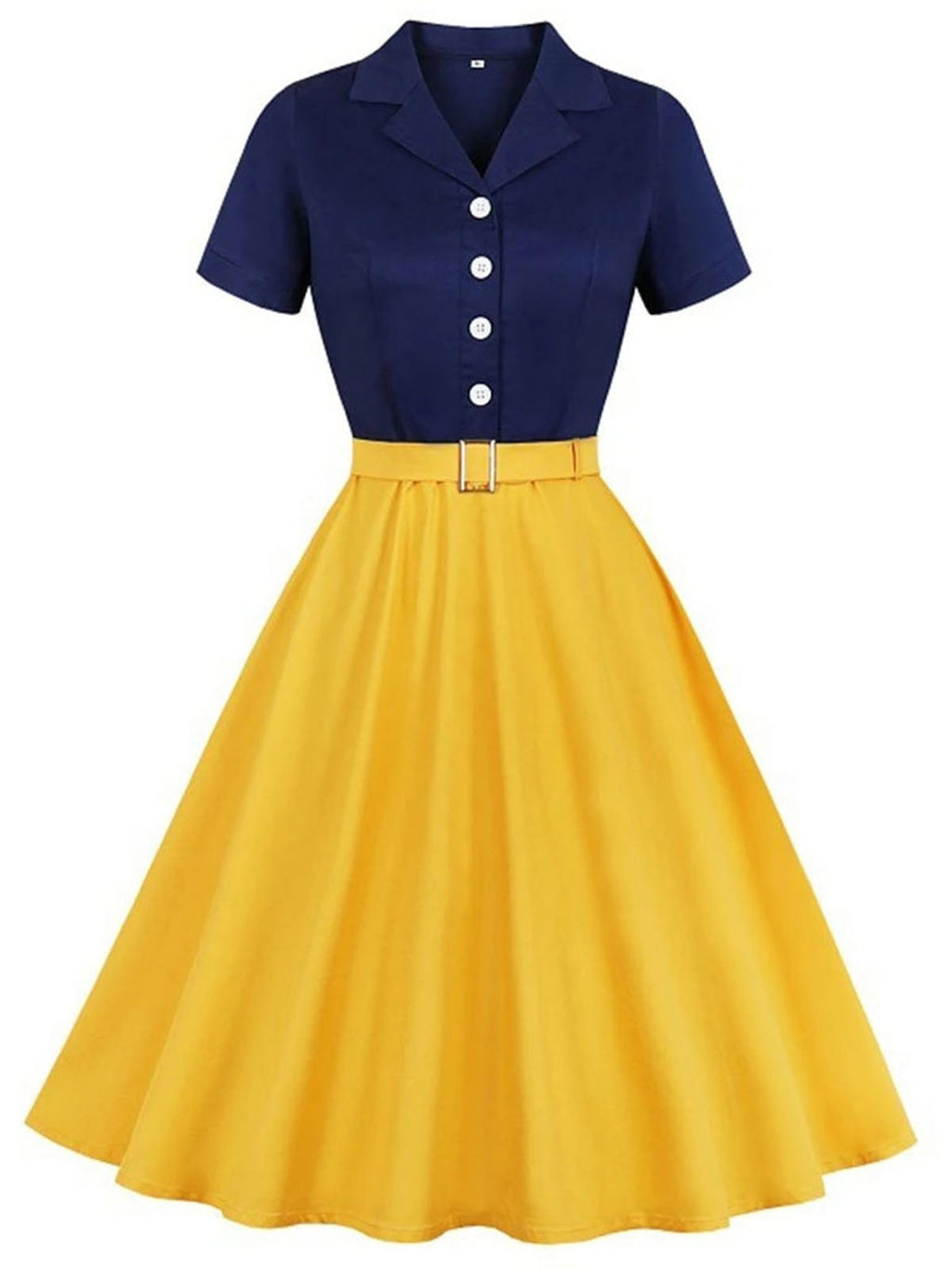 Vintage Swing Dress Navy Yellow Colour Block Women's Belted 1950s Style – Casual, Retro Party Gift