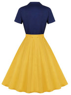 Vintage Swing Dress Navy Yellow Colour Block Women's Belted 1950s Style – Casual, Retro Party Gift