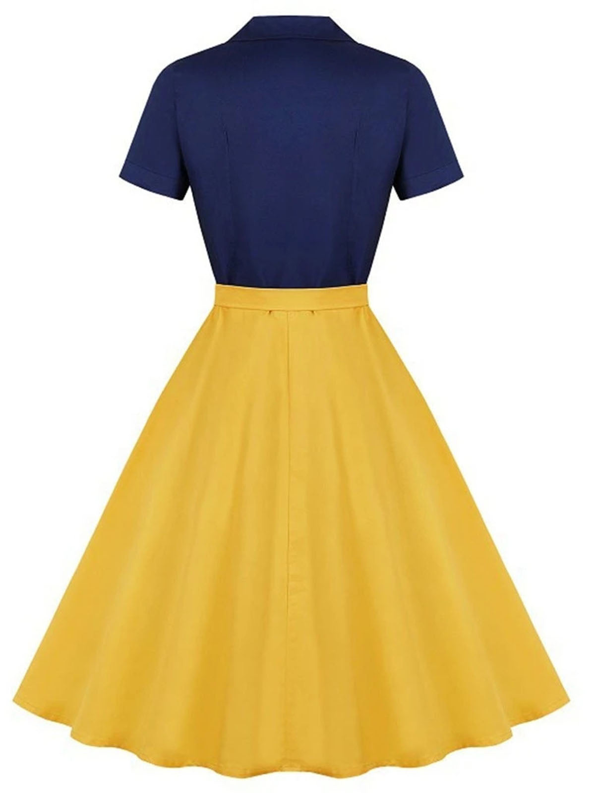 Vintage Swing Dress Navy Yellow Colour Block Women's Belted 1950s Style – Casual, Retro Party Gift