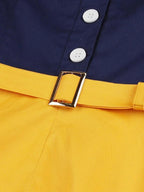 Vintage Swing Dress Navy Yellow Colour Block Women's Belted 1950s Style – Casual, Retro Party Gift
