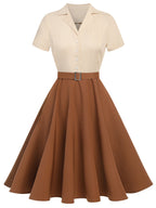 Vintage Swing Dress Navy Yellow Colour Block Women's Belted 1950s Style – Casual, Retro Party Gift
