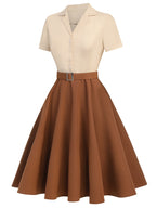 Vintage Swing Dress Navy Yellow Colour Block Women's Belted 1950s Style – Casual, Retro Party Gift