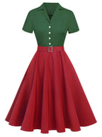 Vintage Swing Dress Navy Yellow Colour Block Women's Belted 1950s Style – Casual, Retro Party Gift