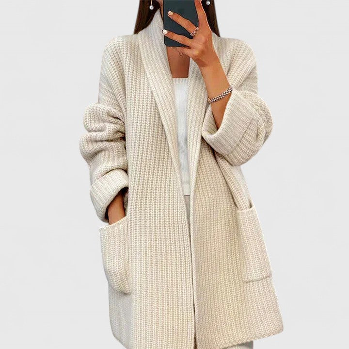 Waffle Knit Cardigan Women's Longline Open Front Shawl Collar with Pockets – Casual, Office, Everyday