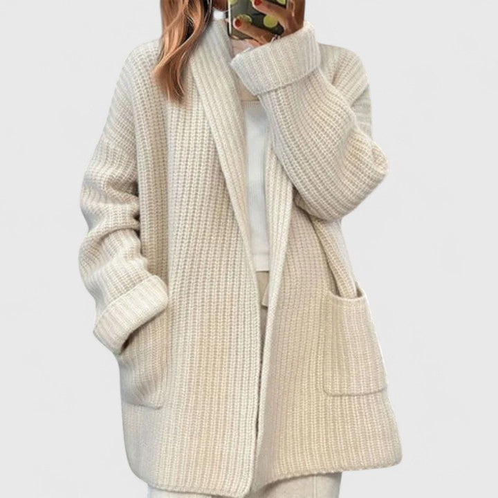 Waffle Knit Cardigan Women's Longline Open Front Shawl Collar with Pockets – Casual, Office, Everyday