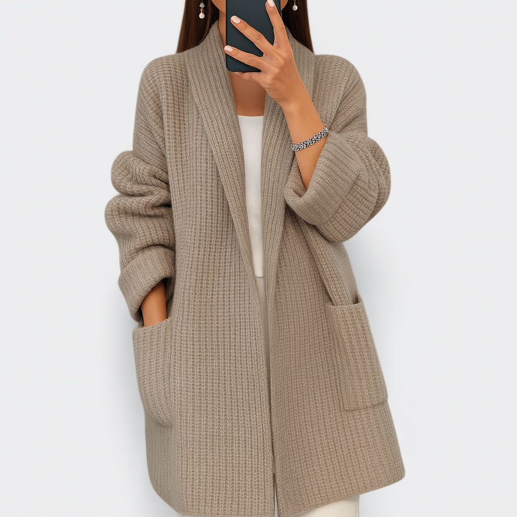 Waffle Knit Cardigan Women's Longline Open Front Shawl Collar with Pockets – Casual, Office, Everyday