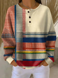 Waffle Knit Henley Jumper Women's Long Sleeve Colourful Striped Button Top – Casual, Office