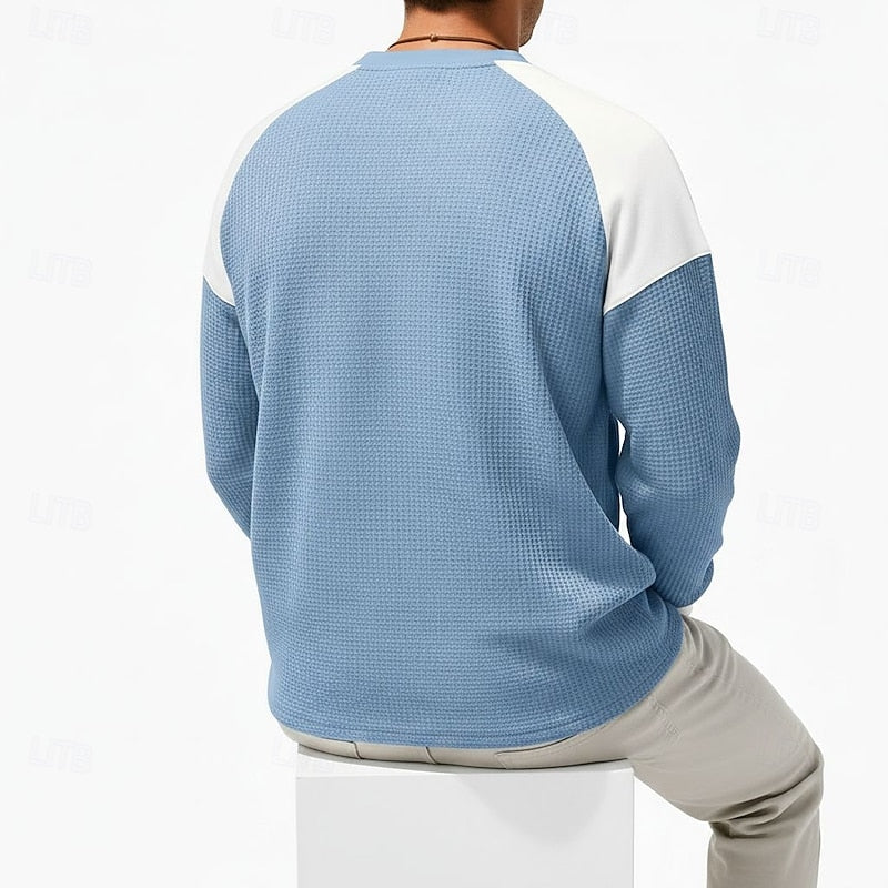 Waffle Knit Henley Shirt Blue White Colourblock Men's Long-Sleeve – Casual, Office