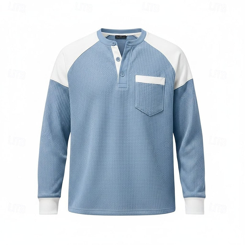Waffle Knit Henley Shirt Blue White Colourblock Men's Long-Sleeve – Casual, Office