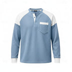 Waffle Knit Henley Shirt Blue White Colourblock Men's Long-Sleeve – Casual, Office