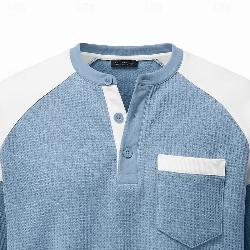 Waffle Knit Henley Shirt Blue White Colourblock Men's Long-Sleeve – Casual, Office