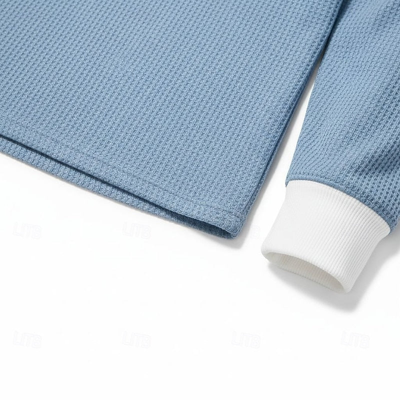 Waffle Knit Henley Shirt Blue White Colourblock Men's Long-Sleeve – Casual, Office