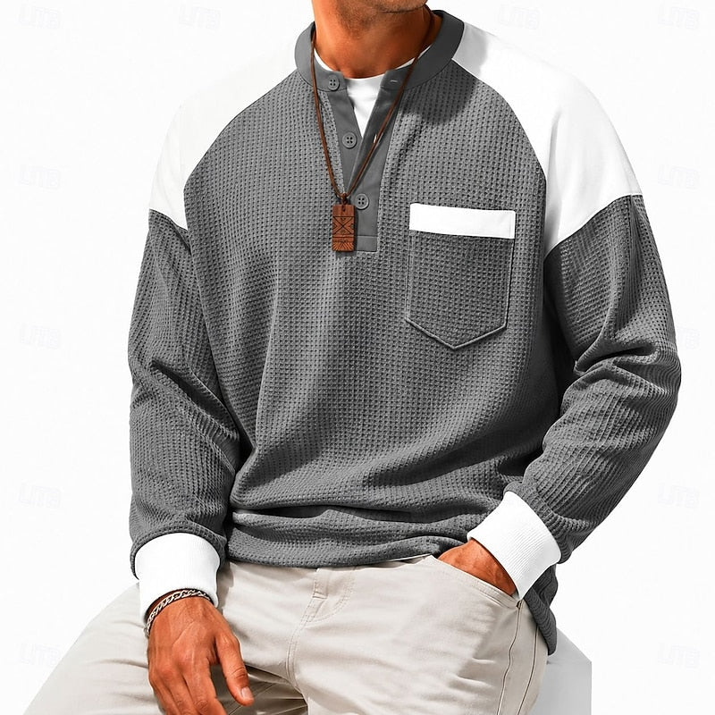 Waffle Knit Henley Shirt Blue White Colourblock Men's Long-Sleeve – Casual, Office