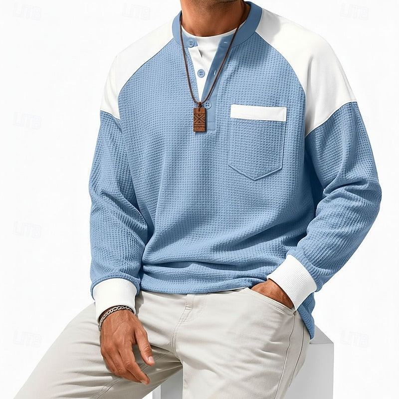 Waffle Knit Henley Shirt Blue White Colourblock Men's Long-Sleeve – Casual, Office
