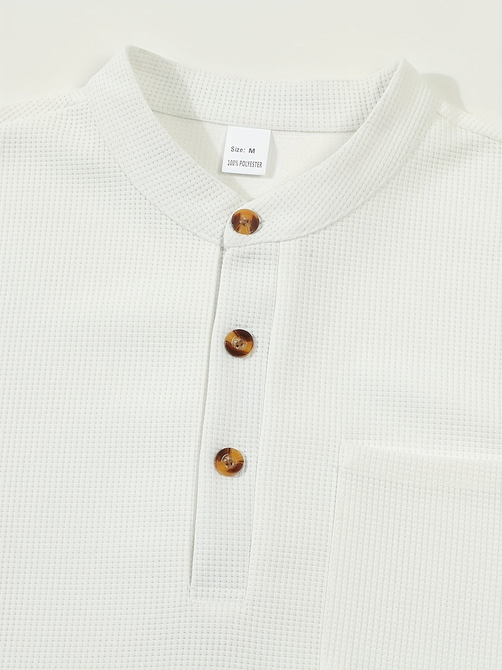 Waffle Knit Henley Shirt Men's Long Sleeve Beige Chest Pocket – Casual, Office, Everyday Wear