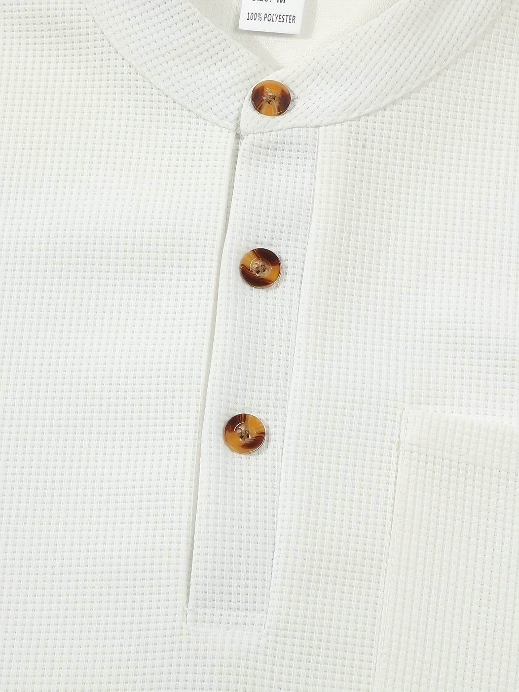 Waffle Knit Henley Shirt Men's Long Sleeve Beige Chest Pocket – Casual, Office, Everyday Wear